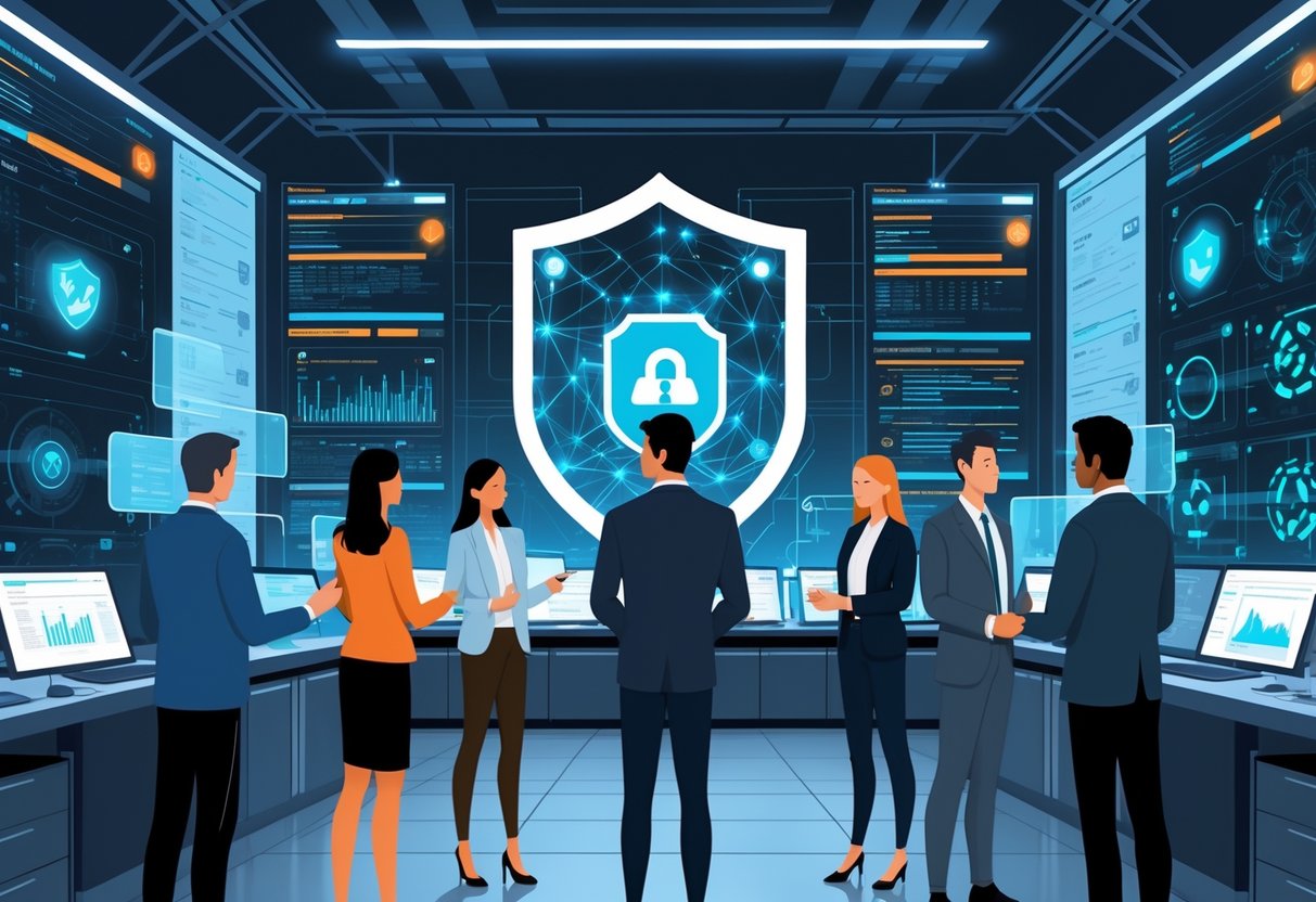 A group of technical leaders analyzing digital data and holographic screens in a futuristic control room focused on AI security and risk management.
