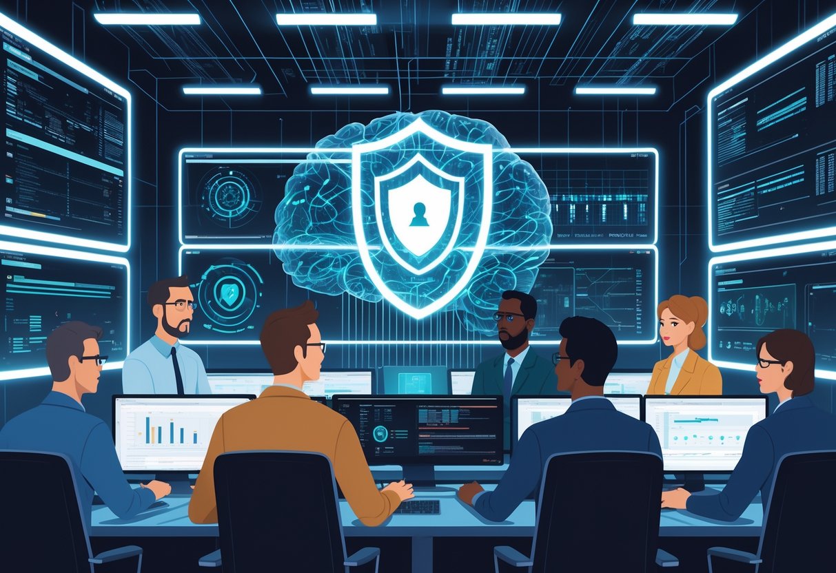 A group of technical leaders monitoring AI data and security in a high-tech control room with digital screens and a glowing shield symbol over an AI brain.