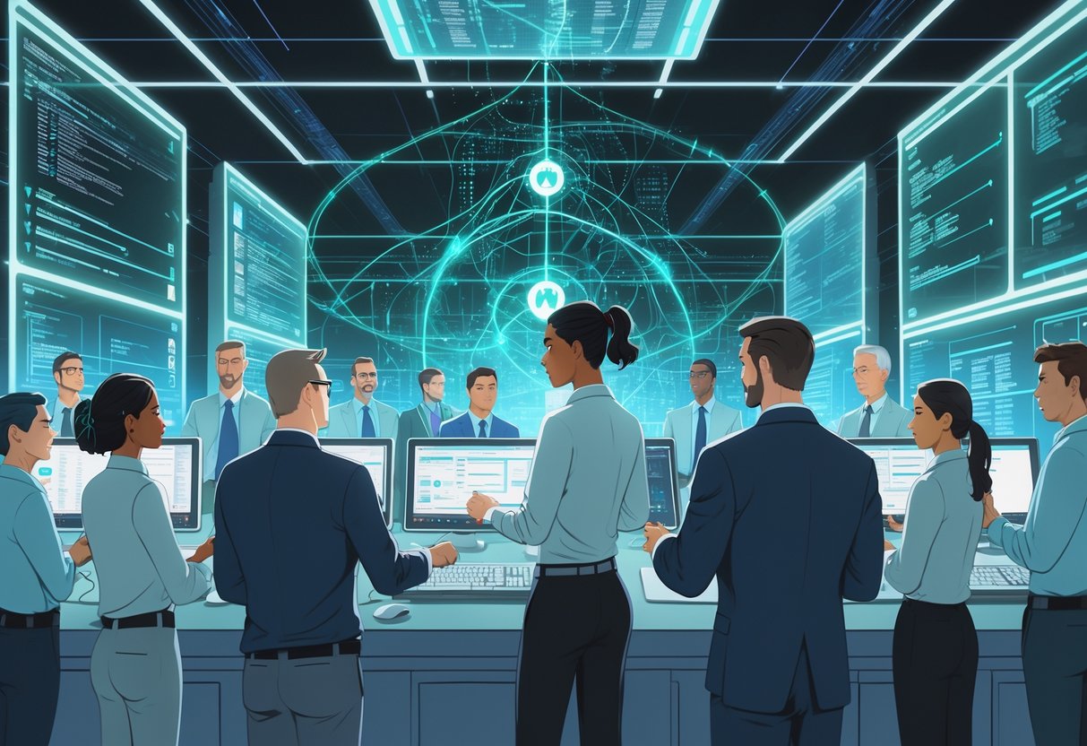 A group of technical leaders monitoring AI systems in a high-tech control room with holographic screens showing AI algorithms and secure data flows.