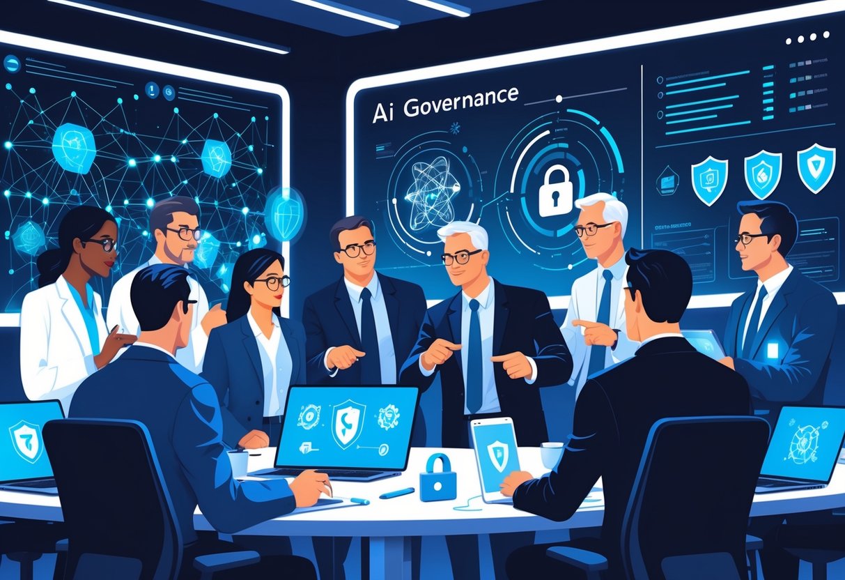 A group of technical leaders collaborating in a conference room with digital screens showing AI and security graphics.