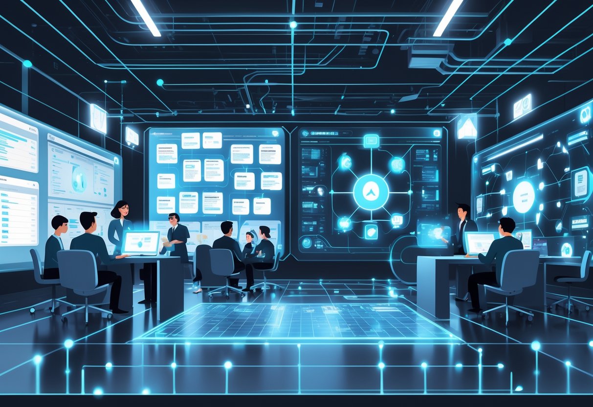 An office scene showing engineering teams working with traditional and AI-driven tools, including holographic charts and robotic assistants, illustrating changes in organization structure.