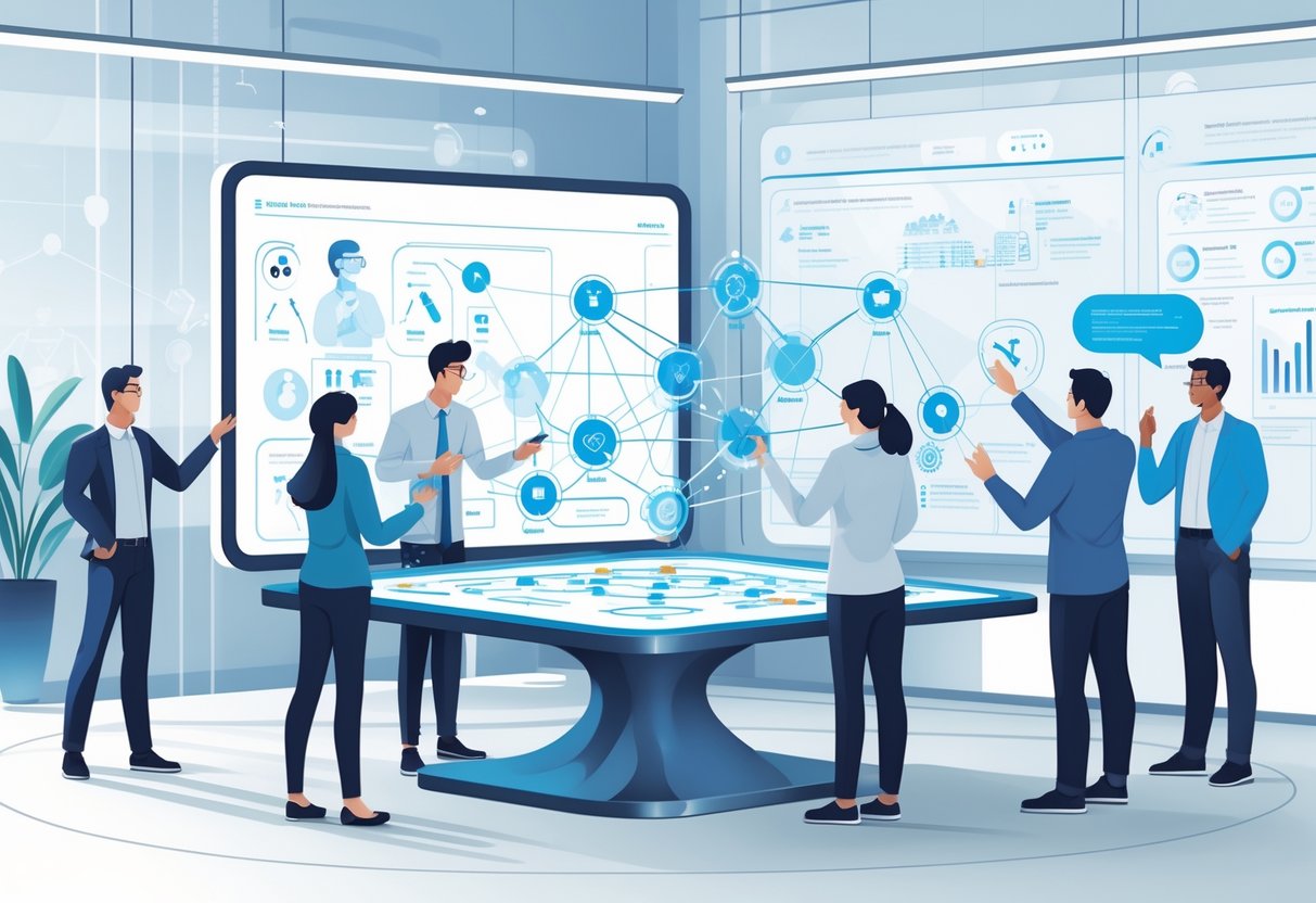 A group of engineers collaborating around a digital table with AI assistants and holographic interfaces, showing changes in team roles and organization.