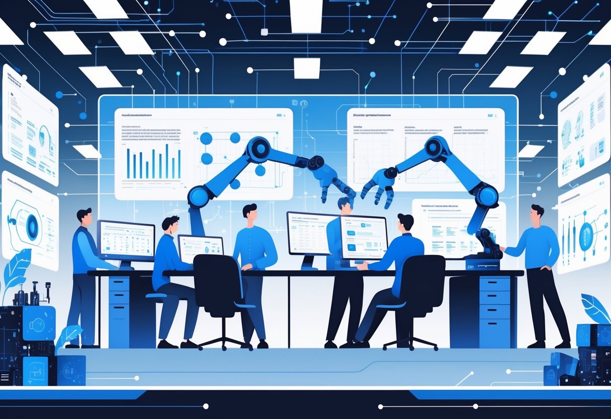 An engineering office where diverse engineers collaborate with AI-powered tools and robotic arms, showing automation and teamwork in a high-tech environment.