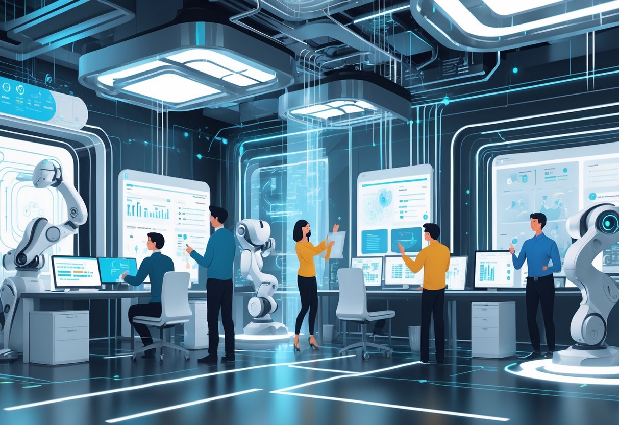An engineering office where diverse engineers work alongside advanced AI systems with holographic displays and robotic arms, showing collaboration between humans and artificial intelligence.