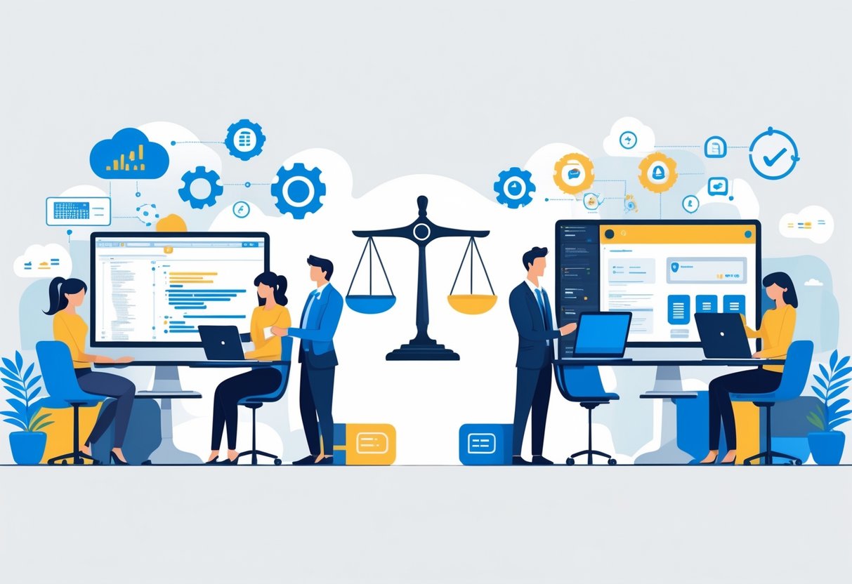 A split scene showing software developers working on code on one side and business professionals reviewing software solutions on the other, connected by a balanced scale representing decision-making.
