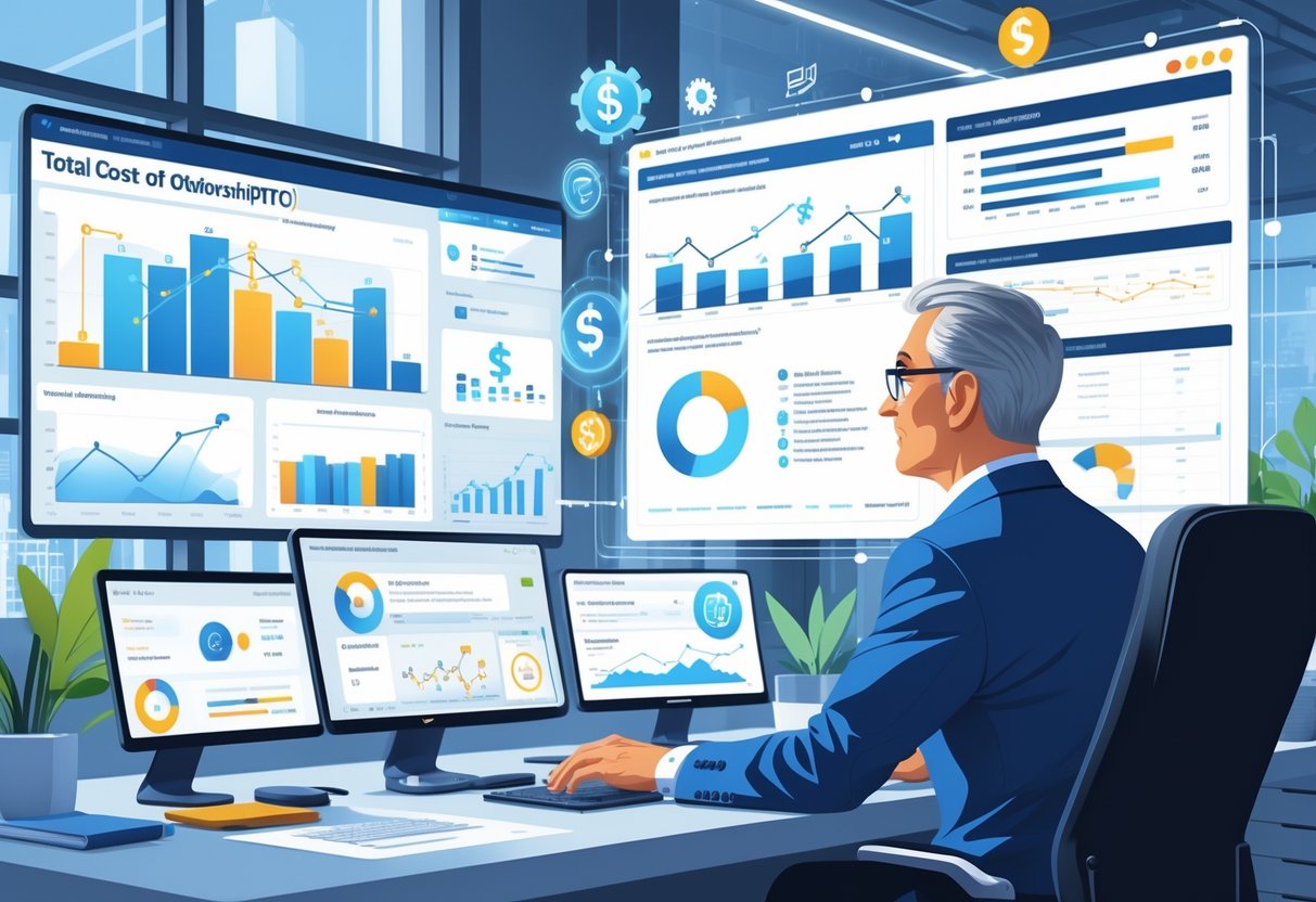 A CTO in a modern office analyzes digital charts and graphs comparing software build versus buy options for 2025, surrounded by multiple screens and futuristic interfaces.