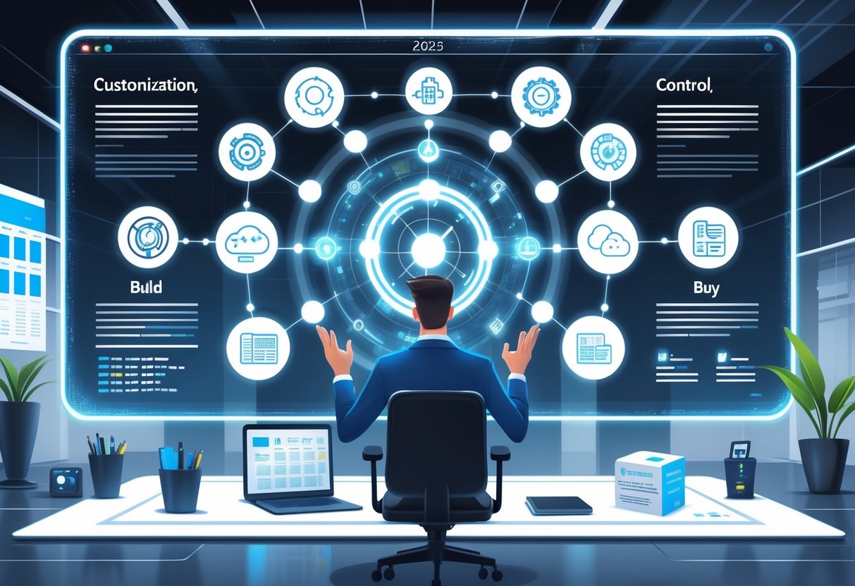 A person in a modern office interacts with a large digital screen showing icons for customization, control, and competitive advantage, weighing options between building software and buying it.
