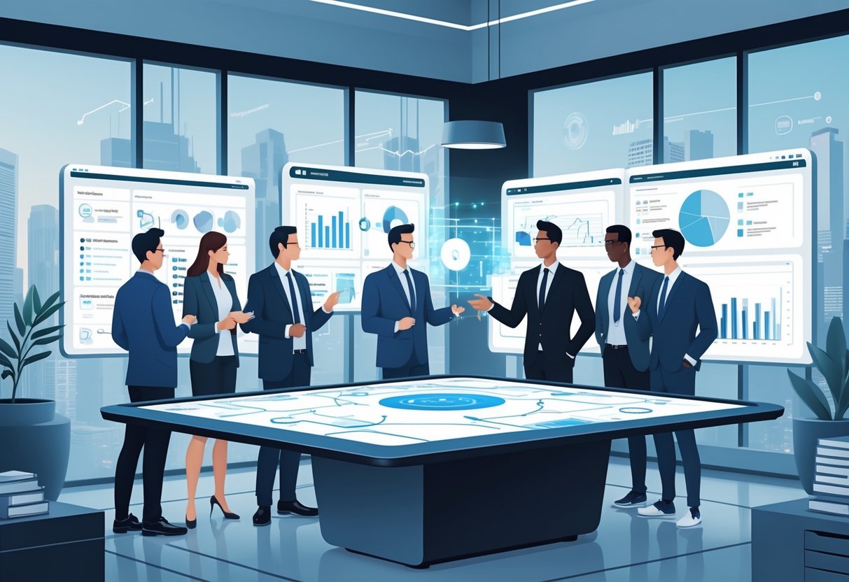A group of technology professionals discussing software architecture and decision-making around a digital table with charts and diagrams in a modern office.