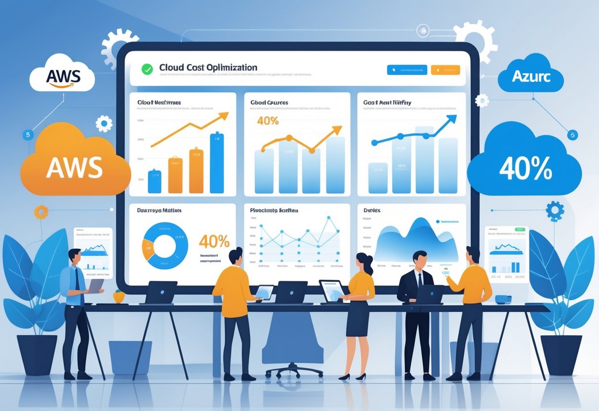 A group of professionals collaborating in an office with a digital dashboard showing cloud infrastructure and cost-saving charts featuring AWS and Azure cloud icons.