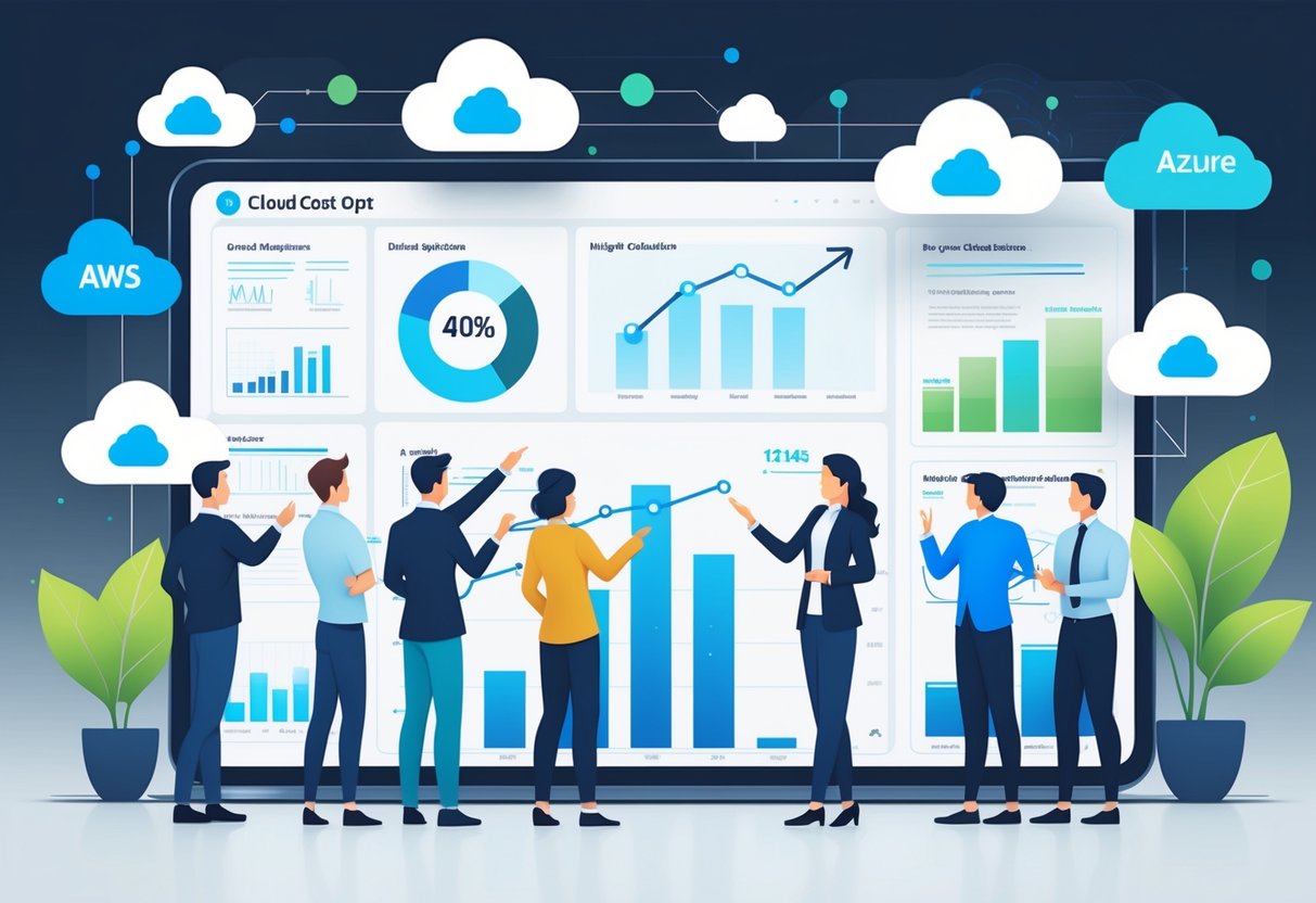 A team of professionals collaborating around a digital screen showing cloud icons and graphs related to cost optimization in a modern office setting.