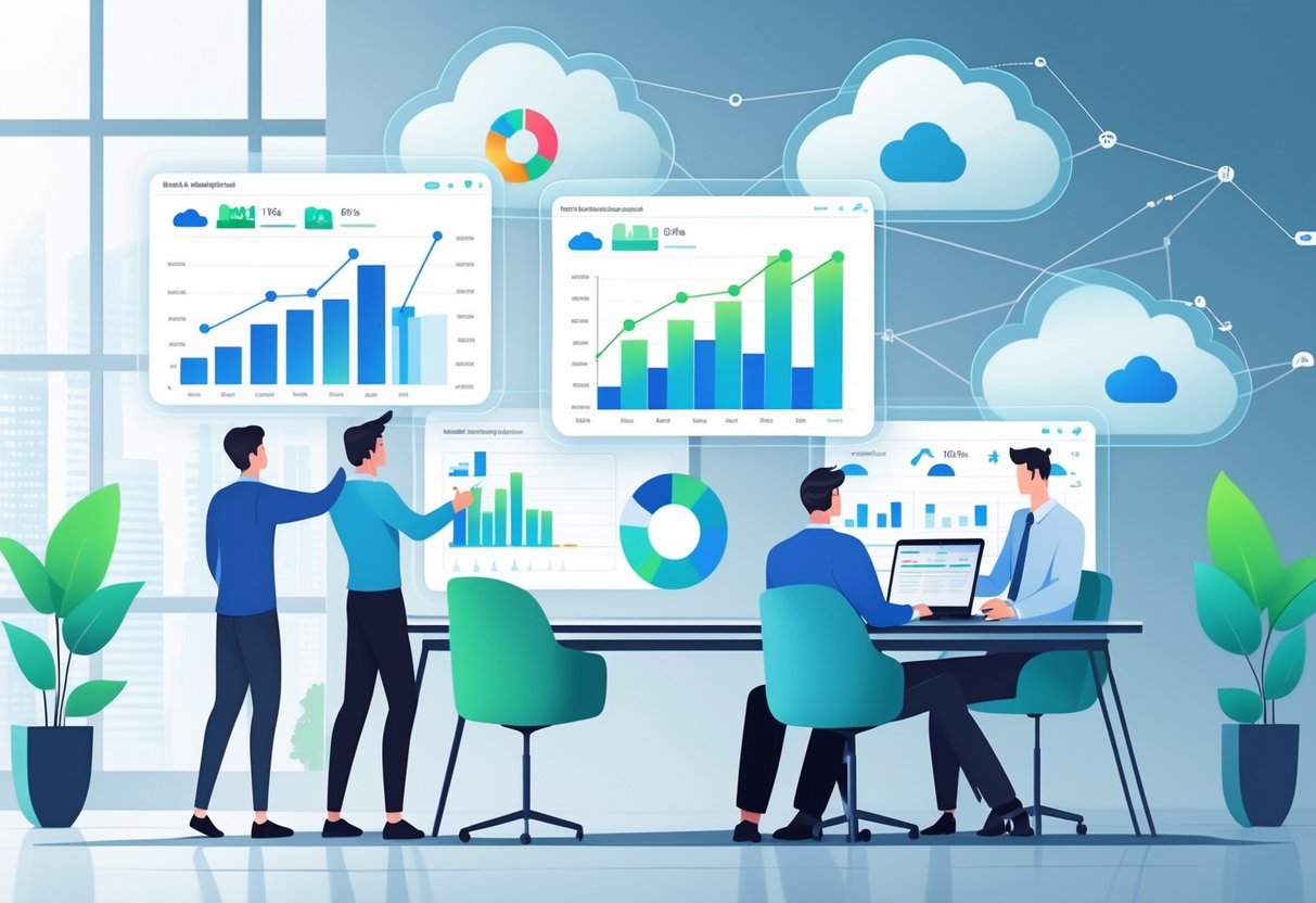 A group of professionals working together with floating digital screens showing cloud-related graphs and charts indicating cost reduction.