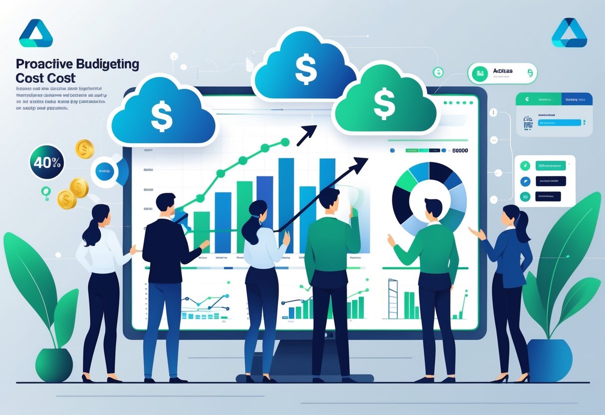 A team of professionals collaborating around a digital screen showing cloud icons and financial charts representing cost optimization and budgeting strategies.