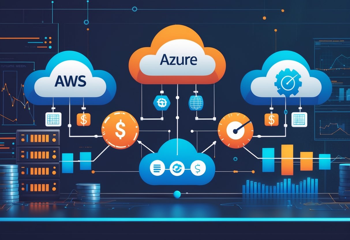 Three digital cloud icons representing different cloud providers with symbols for scalability, security, cost, and performance, set against a modern tech workspace background.