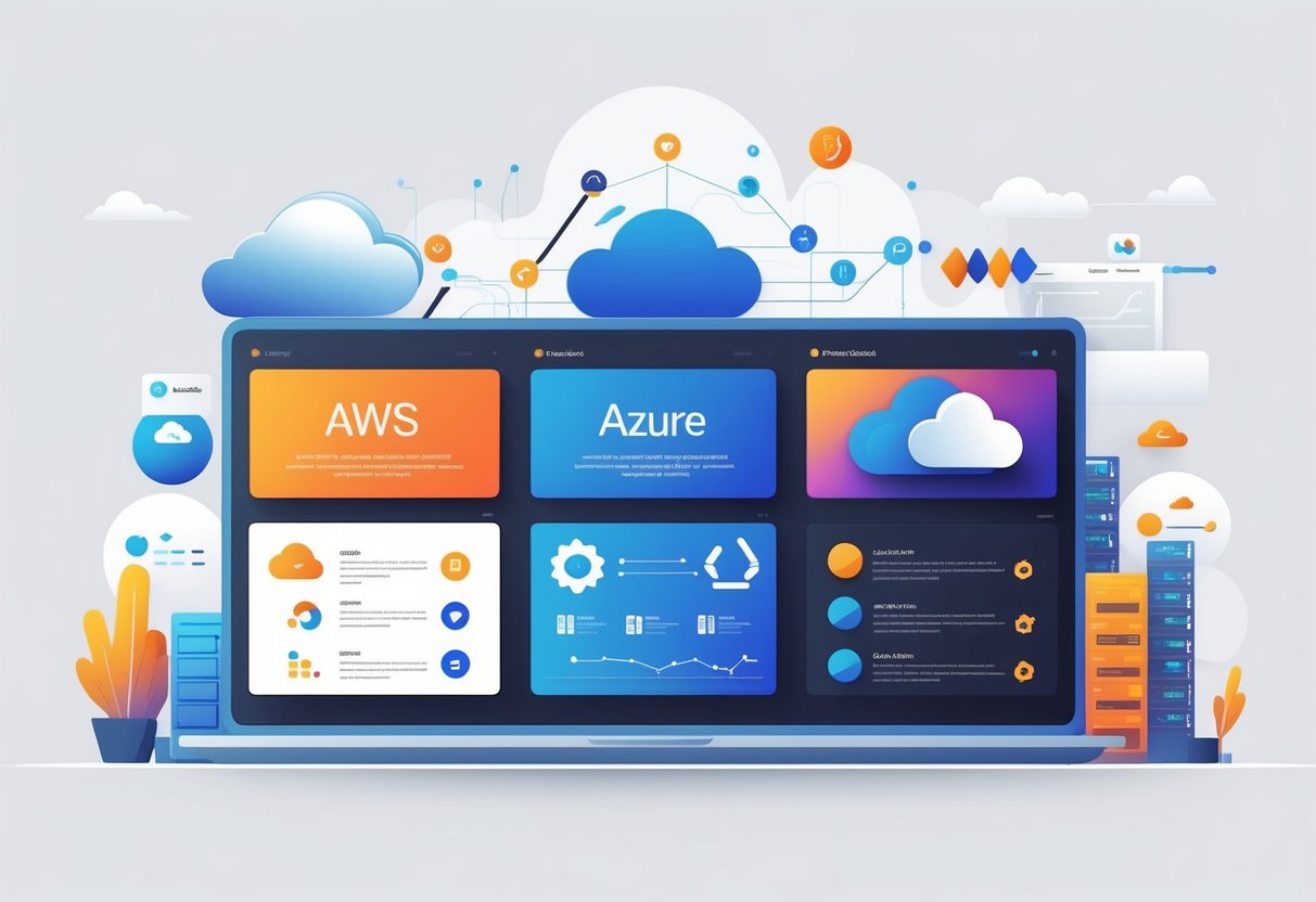 A digital dashboard illustration comparing three cloud service providers with distinct sections featuring cloud symbols, servers, and data flows, highlighting their differences for growing startups.