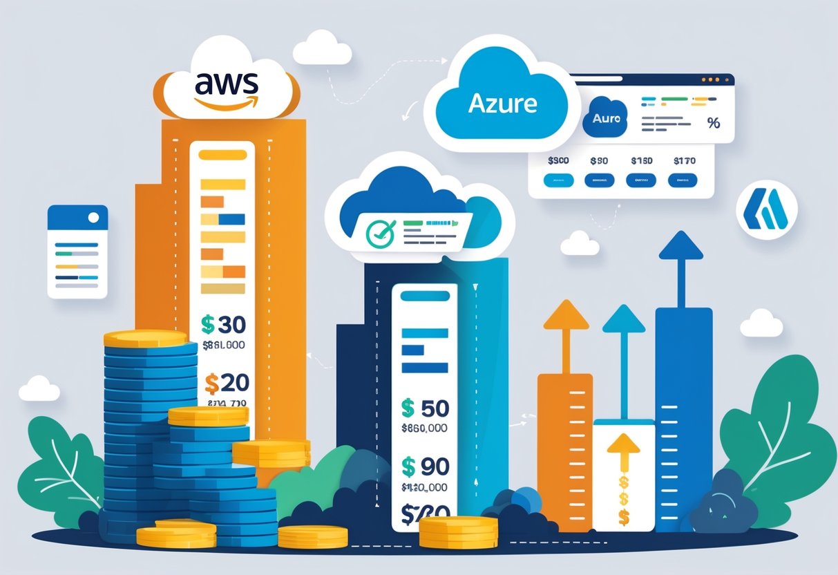 Illustration showing a side-by-side comparison of cost and billing features for three cloud providers with icons representing pricing, usage, and growth.