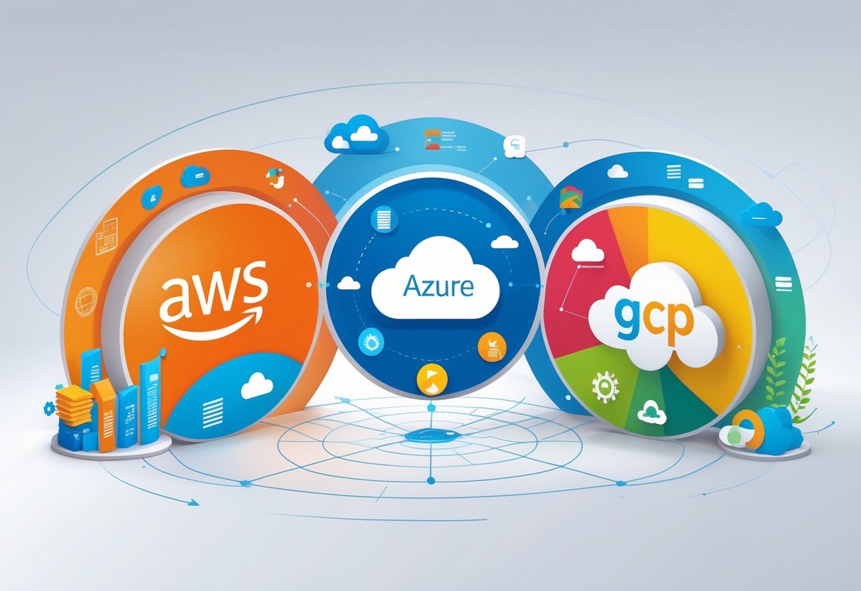 Illustration showing three interconnected platforms representing AWS, Azure, and GCP cloud providers, each with icons for cloud services, growth, and technology, connected by lines symbolizing collaboration and ecosystem integration.