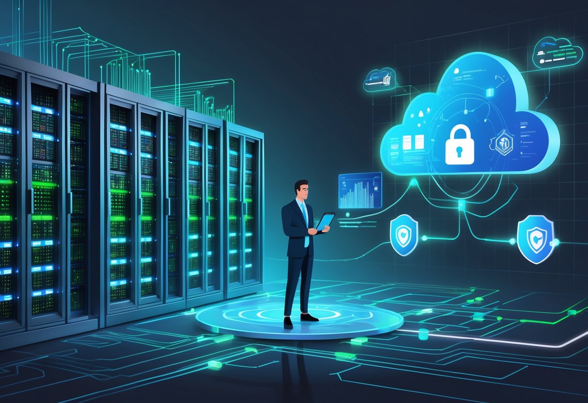 An IT professional overseeing data moving between a cloud and an on-premises data center with servers, surrounded by digital interfaces showing security and governance symbols.