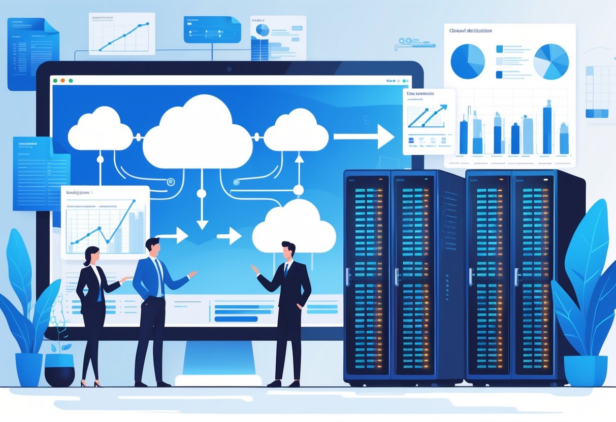 Two professionals discuss moving data workloads from cloud servers back to on-premises servers, with digital screens showing servers, arrows indicating data transfer, and charts representing technical and financial analysis.