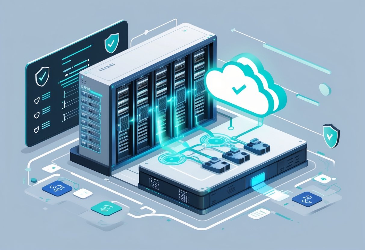 A data center with server racks connected by a glowing pathway to a fading cloud icon, surrounded by security symbols like shields and locks, representing moving workloads back on-premises for security and compliance.