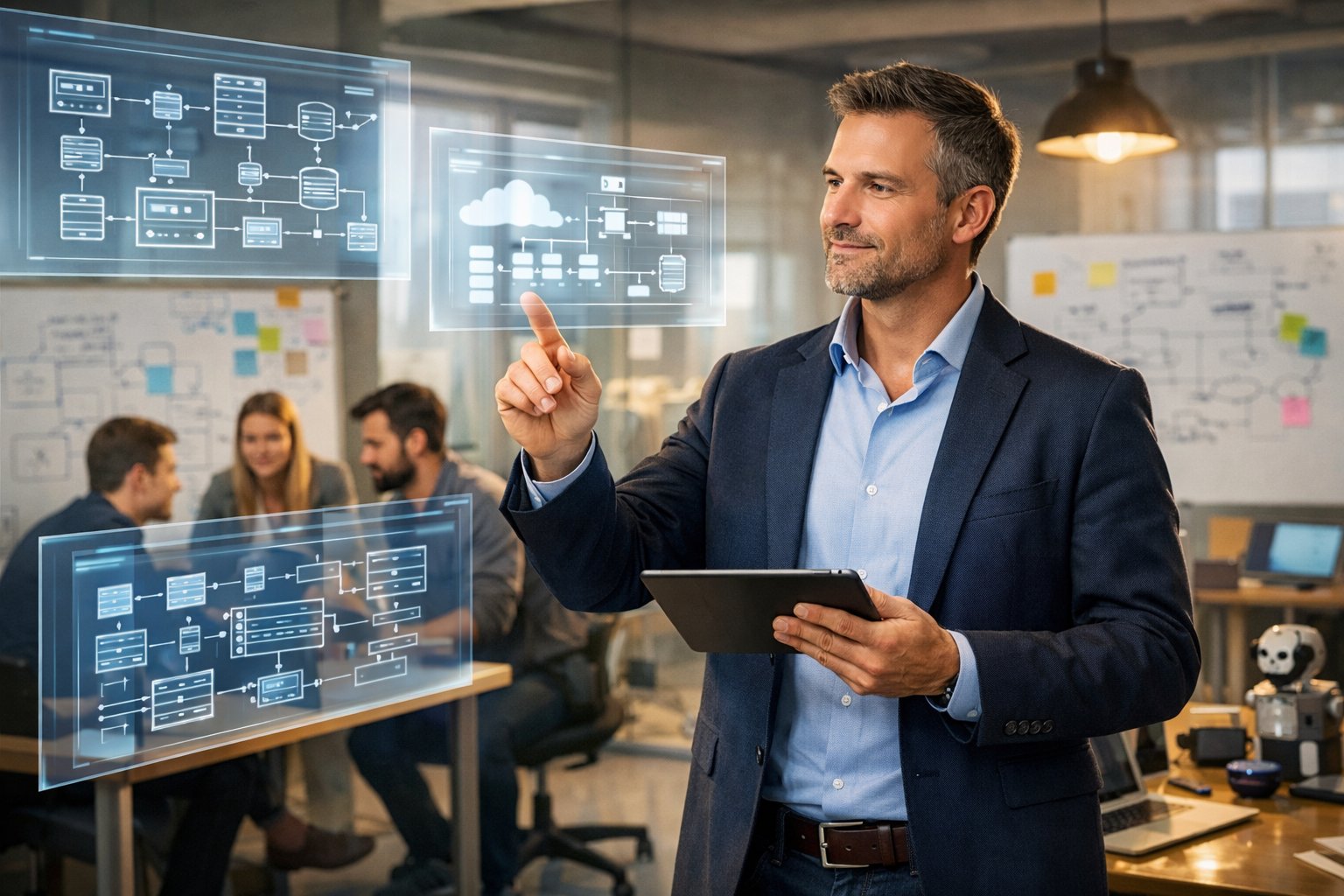 A CTO reviewing digital architectural diagrams in a modern startup office with a small team collaborating in the background.