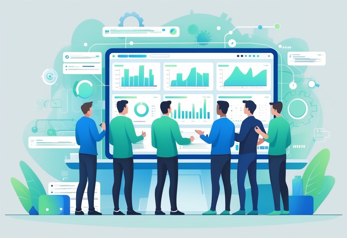 A group of developers working together around a digital dashboard displaying abstract charts and data visualizations in a modern workspace.