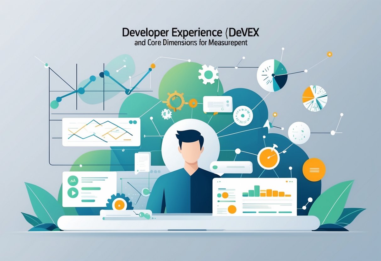 An abstract illustration showing a developer surrounded by interconnected icons and shapes representing measurement metrics and engineering effectiveness.