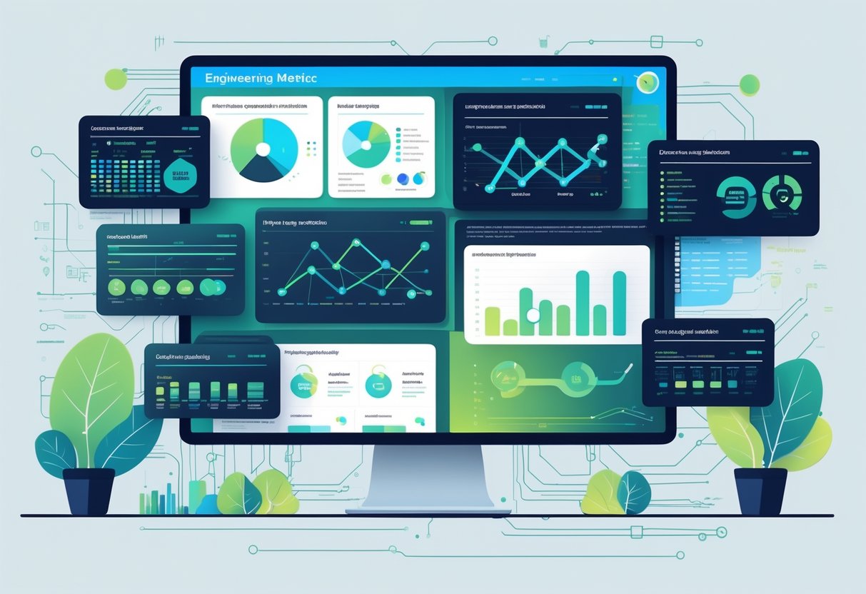An illustration showing interconnected digital dashboards with various engineering metrics and icons representing software development and teamwork.