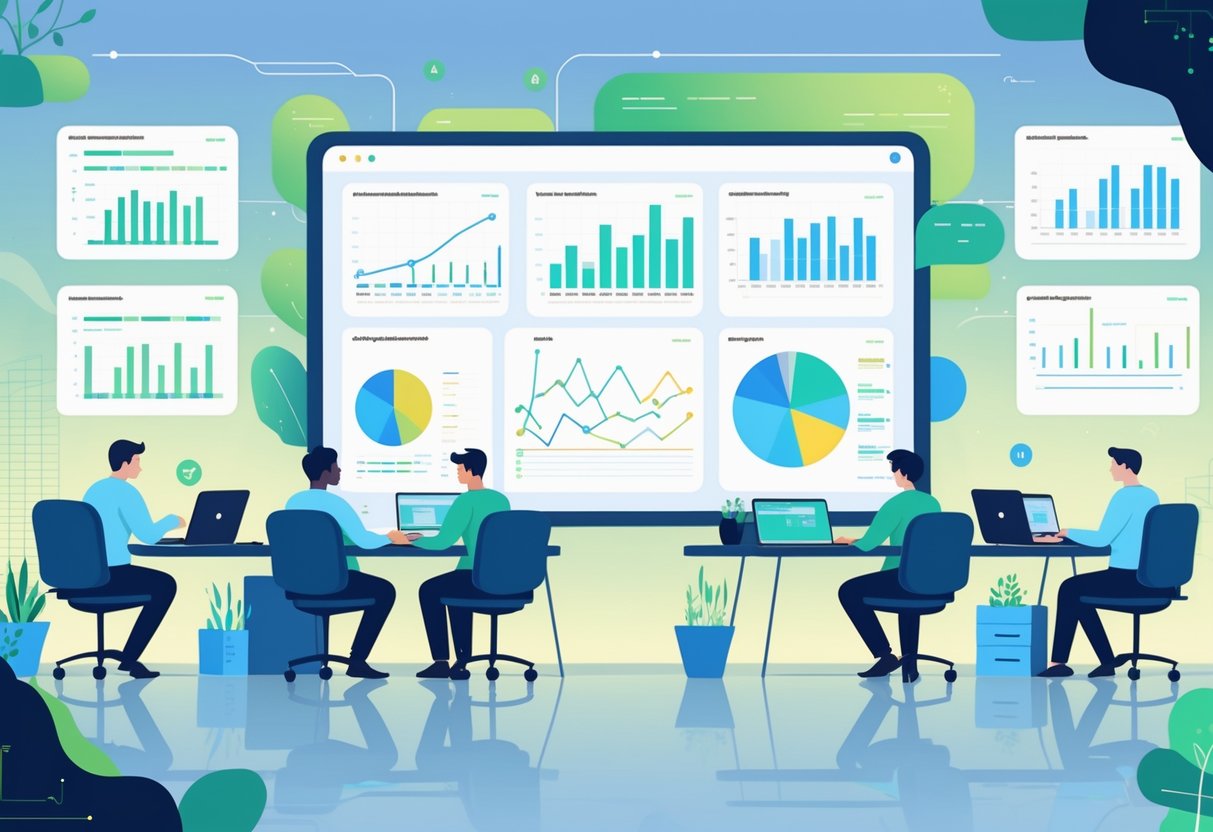A group of software engineers collaborating around a large digital dashboard showing abstract data visualizations in a modern office setting.
