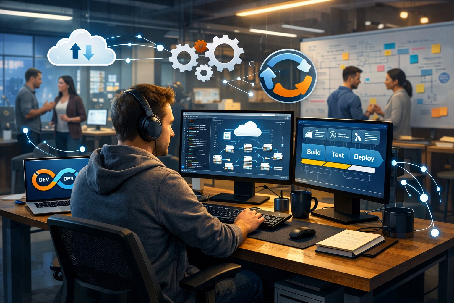A DevOps engineer working at a desk with multiple monitors showing code and cloud infrastructure, surrounded by team members in a collaborative office space.