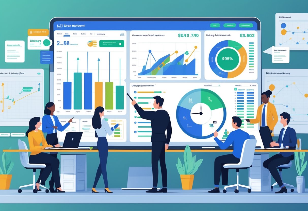 A team of professionals in an office collaborating around a digital dashboard displaying charts and graphs tracking software development performance metrics.