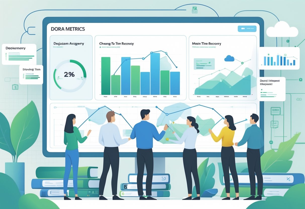 A group of professionals working together around a digital dashboard showing charts and graphs representing software development performance metrics.