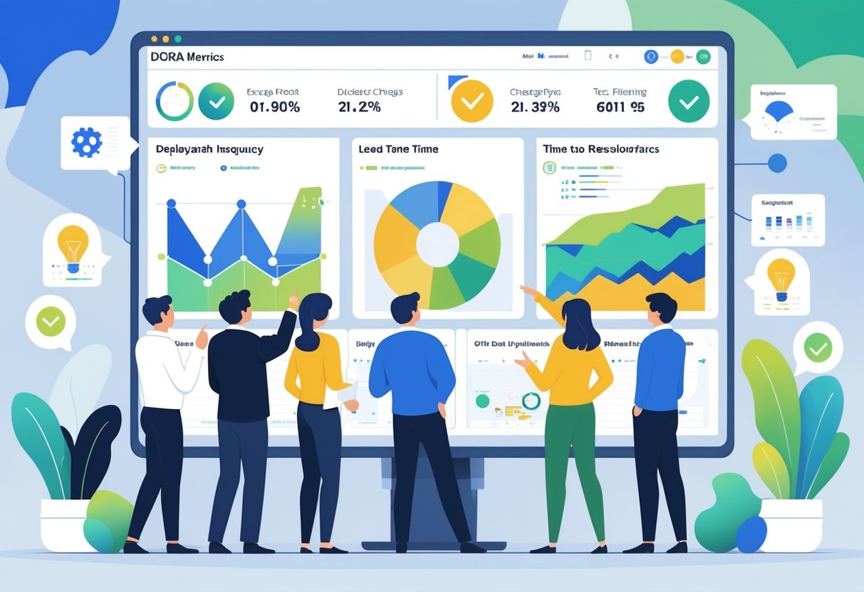 A group of professionals collaborating around a digital dashboard showing abstract charts and icons representing software development performance metrics.