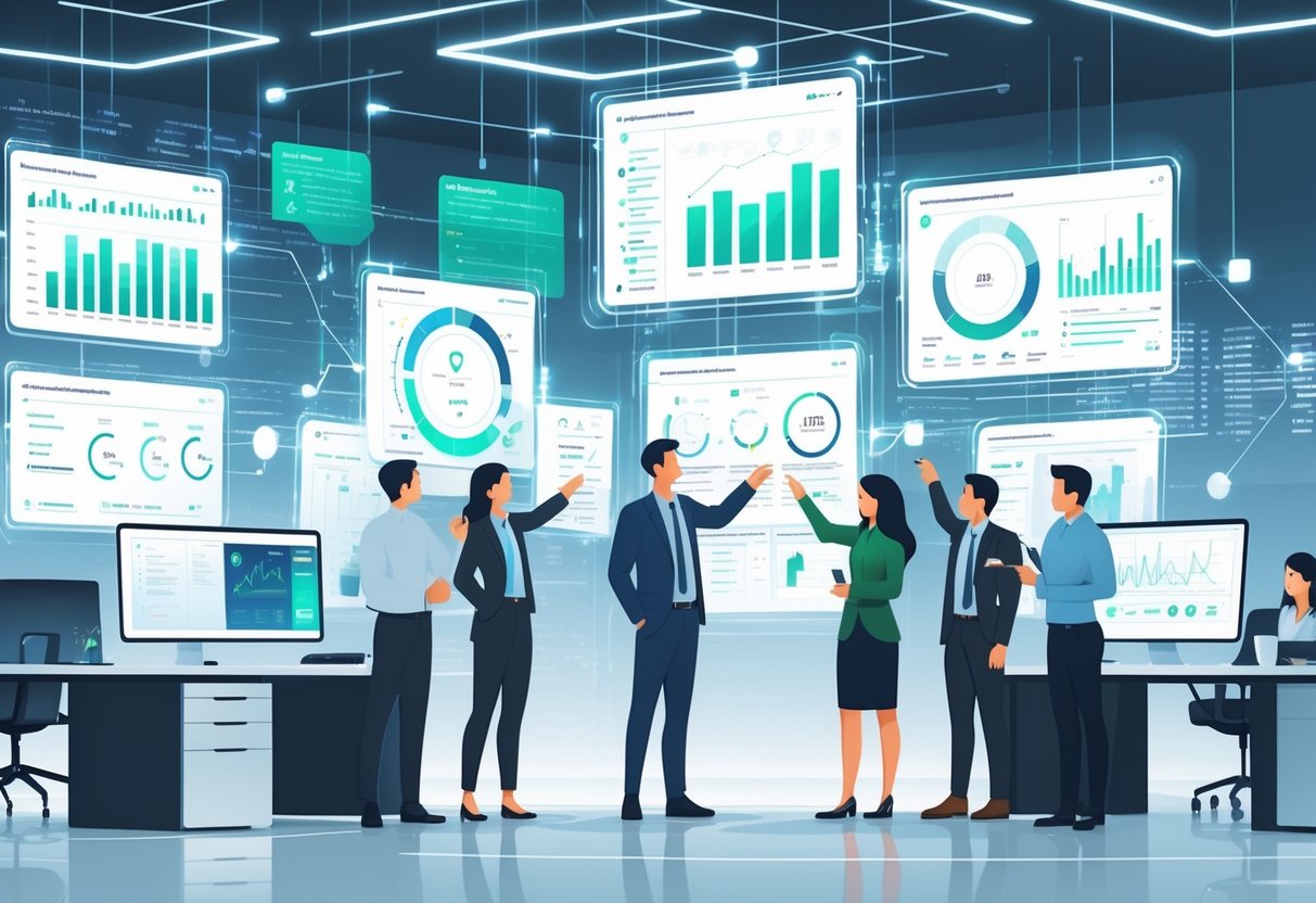 A team of professionals working together with floating digital screens showing charts and graphs in a modern office setting.