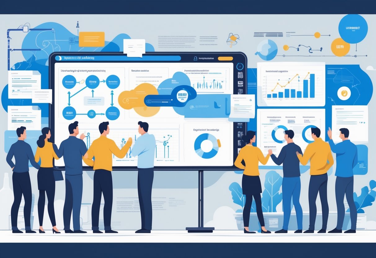 A group of professionals collaborating around a digital display showing charts and flowcharts, illustrating the shift from reactive to strategic engineering hiring.
