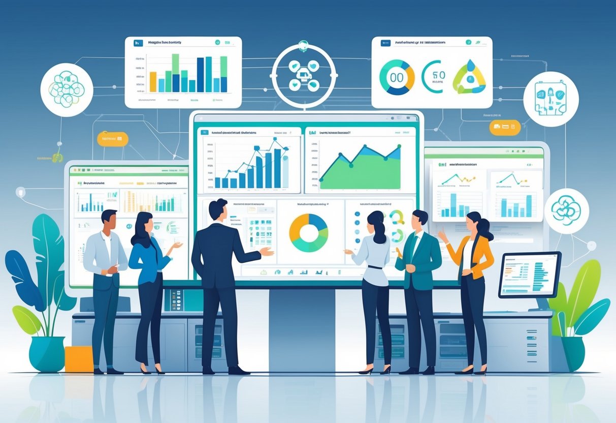 A group of professionals collaborating around a digital table with data charts and technology screens in a modern office setting focused on engineering hiring strategy.