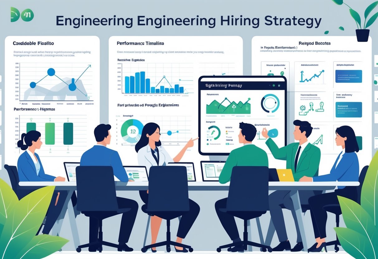 A group of professionals collaborating around a table with laptops and charts, reviewing graphs on a digital screen and discussing engineering hiring strategies in an office setting.