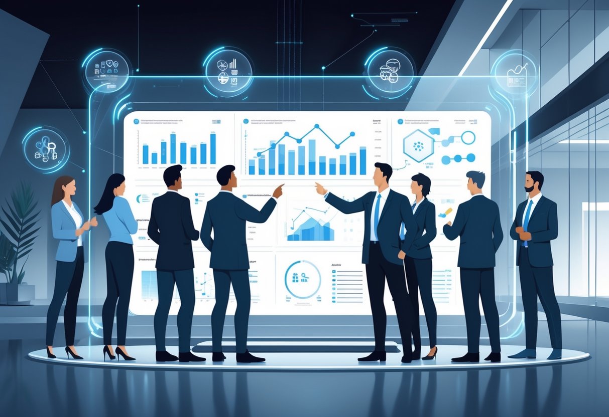 A group of professionals collaborating around a digital screen showing data and charts about hiring strategies in a modern office.