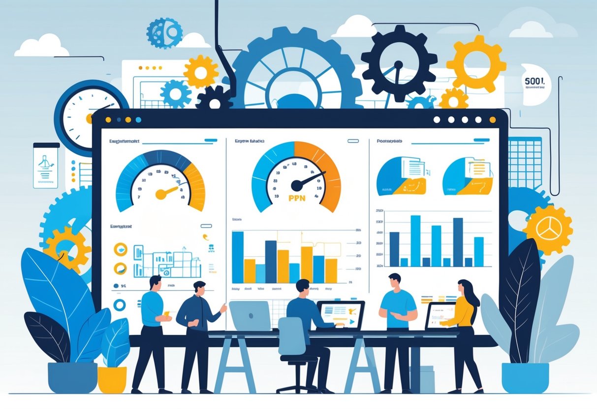 Engineers collaborating around a digital dashboard showing colorful KPI icons and graphs with engineering symbols like gears and circuit diagrams in the background.
