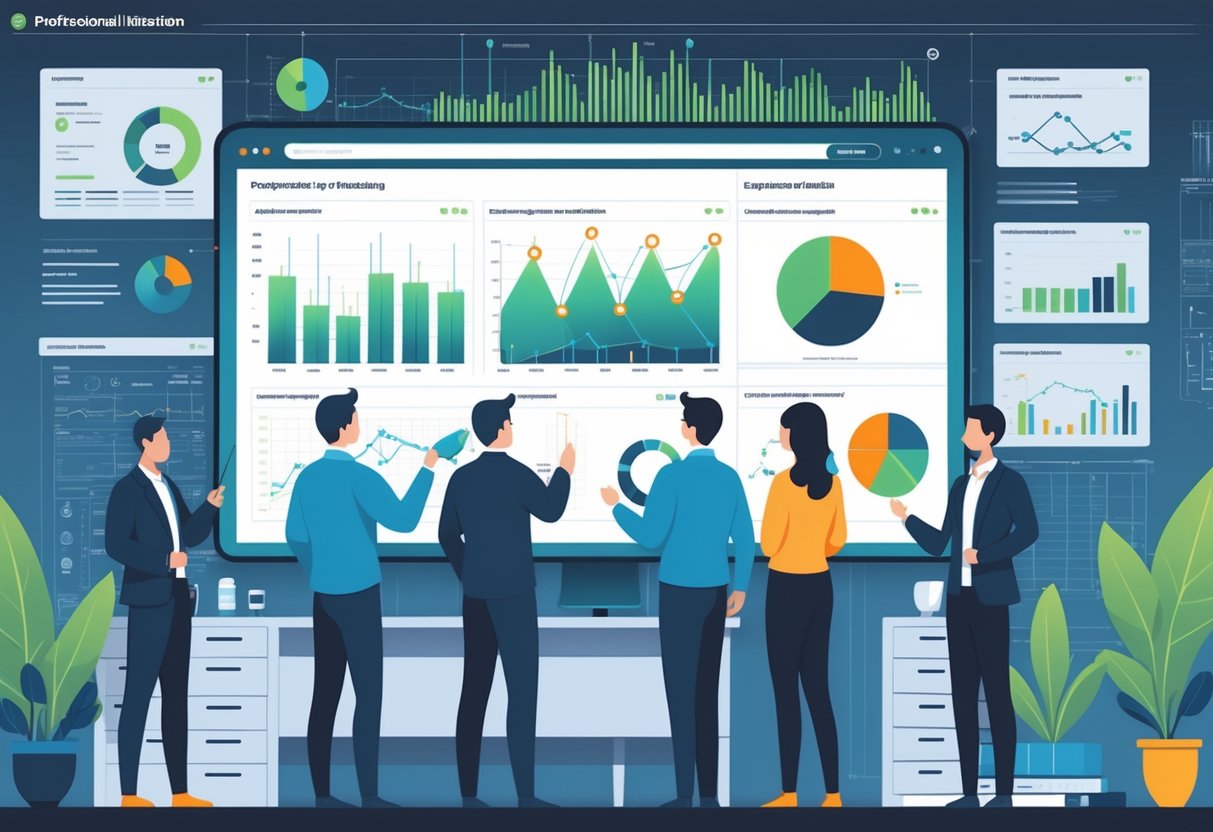 Engineers and analysts in an office reviewing charts and graphs on a large digital dashboard showing key performance indicators related to efficiency and resource use.