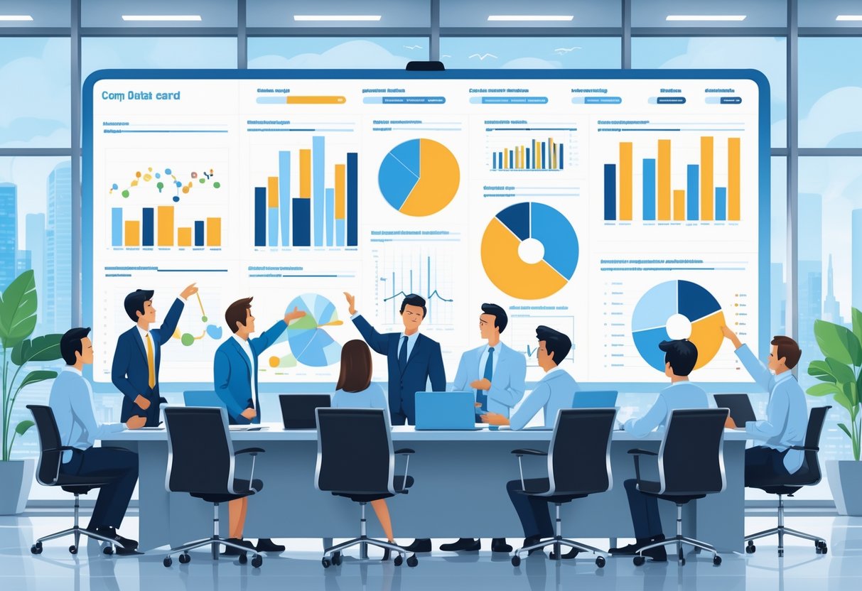 A team of professionals collaborating around a table with digital charts and graphs showing financial and engineering performance metrics.