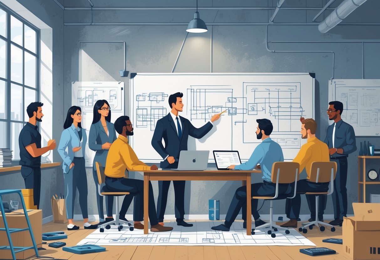 A group of engineering leaders working together around a table with blueprints and laptops in a simple office setting, discussing plans and collaborating.