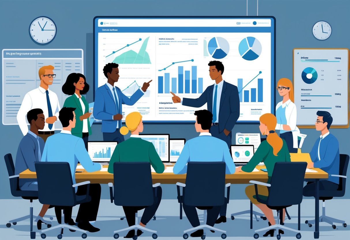 A group of engineering leaders collaborating around a table with charts and laptops, discussing strategic planning and prioritization in a budget-limited setting.