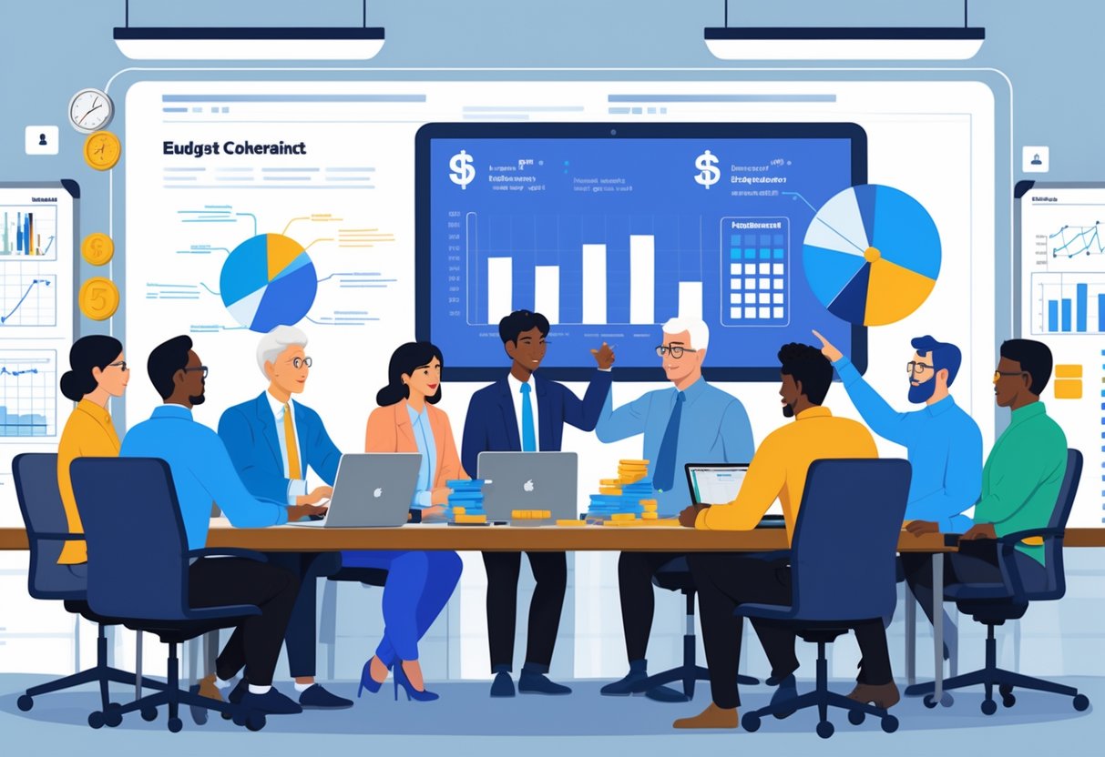 A group of engineering leaders and stakeholders collaborating around a table, discussing budget constraints and resource planning in a modern office.
