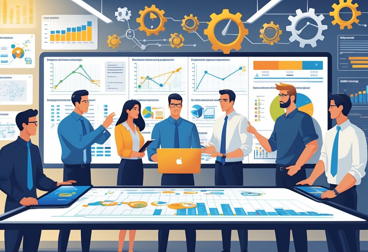 A group of engineers and managers collaborating around a digital table with engineering diagrams and charts in a modern office setting.