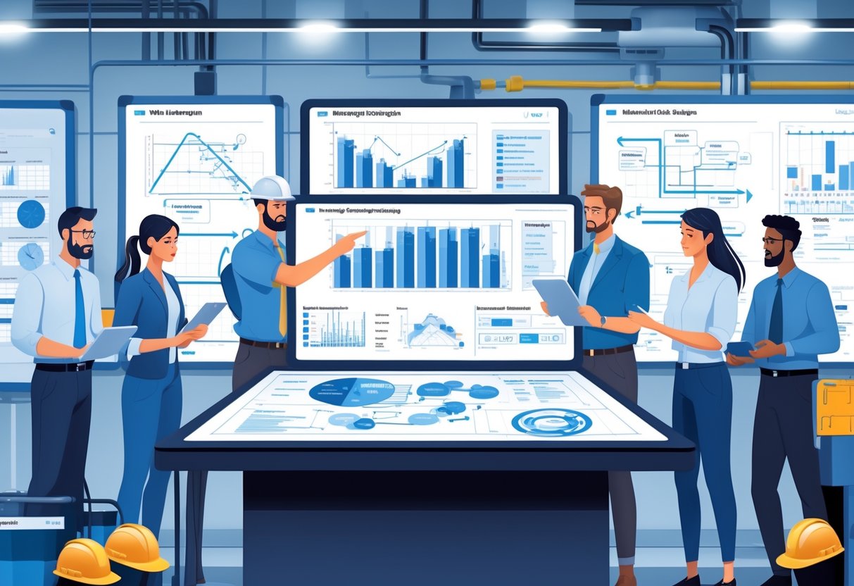 A team of engineers and managers collaborating around a digital table with charts and diagrams, discussing risk assessment and mitigation strategies in an office setting.