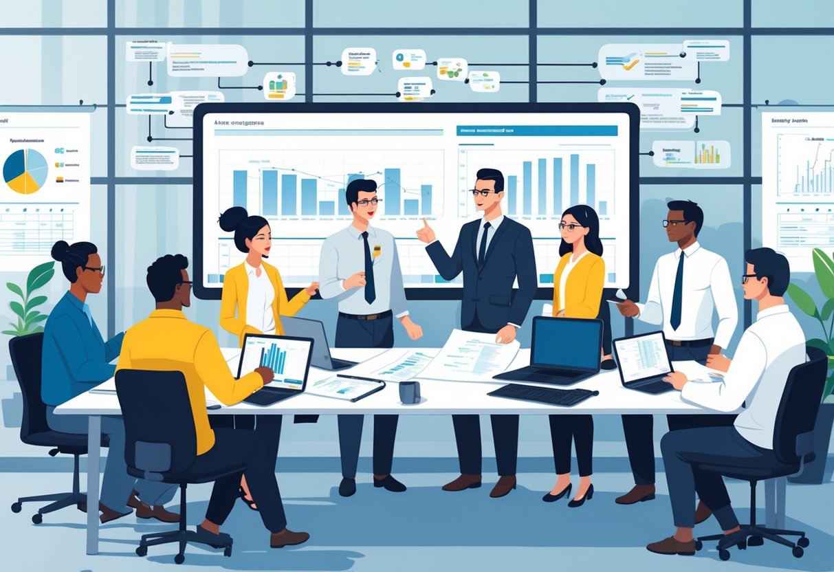 A diverse group of engineers and managers collaborating around a table with laptops and charts in a modern office.