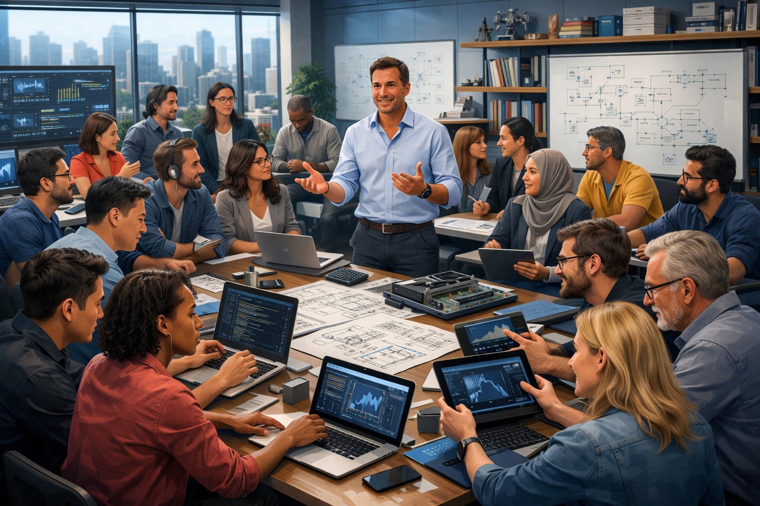 An engineering manager leading a diverse team of engineers collaborating around desks in a modern office.