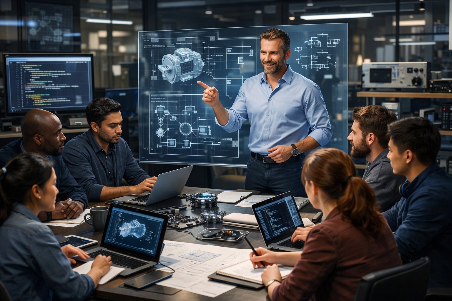 An engineering manager leading a team of engineers working together around a table with laptops and technical diagrams in a modern office.