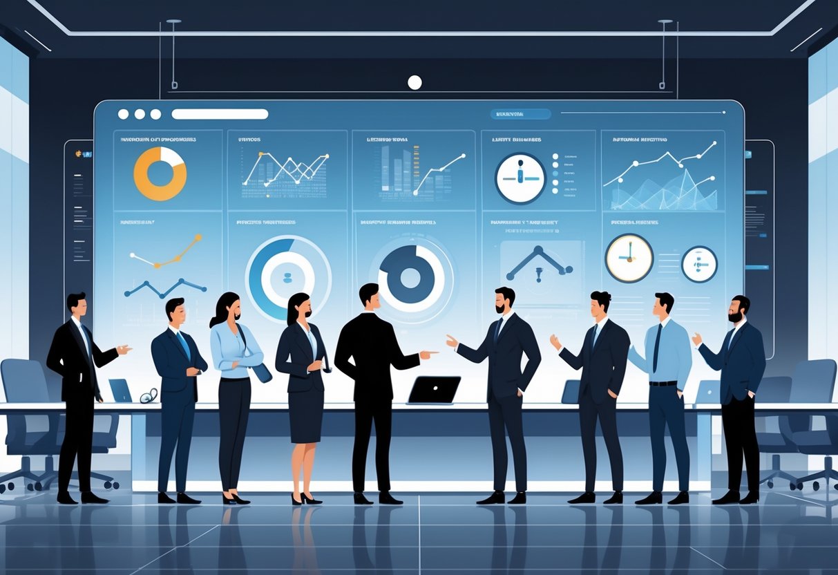 A group of business executives and engineers in a boardroom reviewing digital charts and data on a large transparent screen for decision-making.