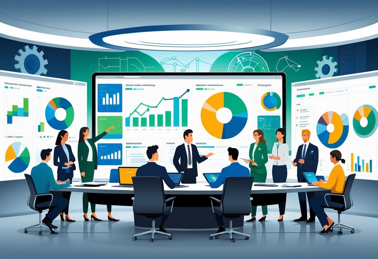 A group of professionals in a boardroom reviewing colorful charts and graphs on a large digital display, discussing project delivery and financial performance metrics.